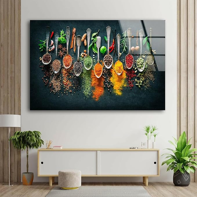 My Photostation.com 60WX40H'' Spoon Spices Glass Wall ArtTempered Glass Printing Wall Decor Large Wall Art Wall Hangings