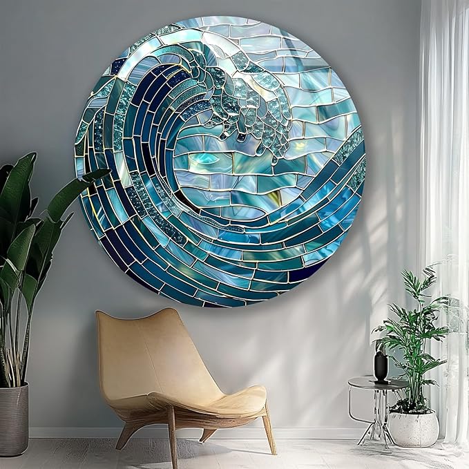 My Photostation.com 10''(25cm) Diameter Ocean Wave in Blue Mosaic Round Glass Wall Art Tempered Glass Printing Wall Decor Large Wall Art Wall Hangings