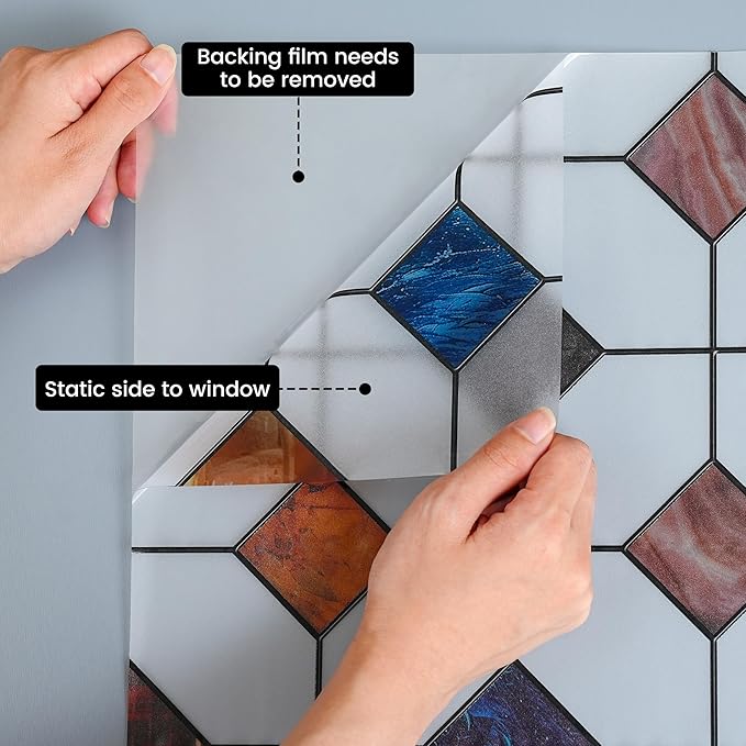 DKTIE Stained Glass Window Film Geometric Patterns, Fine Frosted Window Clings for Glass Windows, Waterproof for Bathroom Window Privacy Film Day and Night (S533, 35.4in X 78.7in)