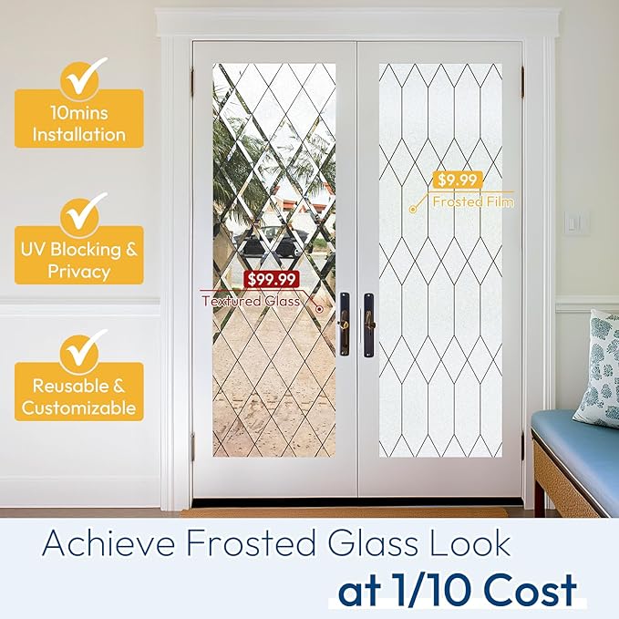 rabbitgoo Window Privacy Film for Glass Windows, Frosted Glass Cling with Decorative Moroccan Lattice, Removable Heat Control Sun Blocking Door Covering Sticker for Home Bathroom, 23.6 x 78.7 inches