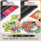 72 Dual Tip Brush Pens, Adult Coloring Markers with Fine and Brush Tip for Kid Adult Artist Drawing Journaling Lettering Calligraphy