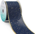CT CRAFT LLC Blue Burlap Fabric Confetti Glitter Wired Ribbon 2.5" x 10 Yards Navy Color for Christmas Home Wedding Decor Gift Wrapping Tree Topper Bow Wreath Bouquet DIY Crafts
