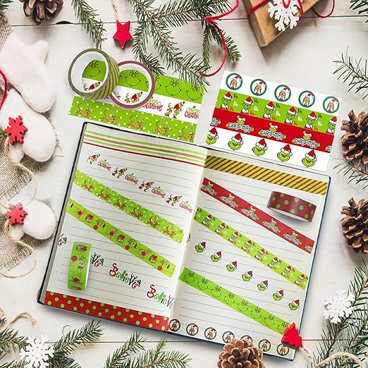 Christmas Washi Tape Set - 12 Rolls with Funny Cartoon Character Design in Green and Red for Festive Crafting and Gift Wrapping - 196.85ft Total Length