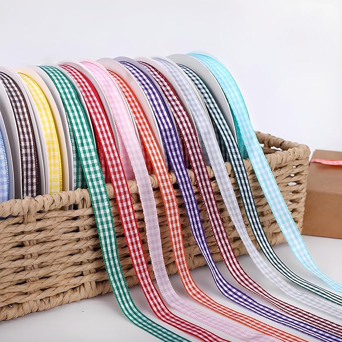 Classic Gingham Checkered Ribbon, Assorted Colors Premium Polyster Plaid Checkered Craft Ribbon for Gift Wrapping, DIY Projects, Hair Bows,Scrapbooking & Party Decor (Black, 3/8x50Yd)