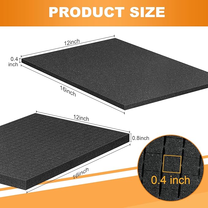 Eunice 4Pcs 16 x 12 x 0.4 Inch Polyurethane Foam Sheets & 4Pcs 16 x 12 x 0.8 Inch Cuttable Foam Inserts for Cases, Packing Foam Pads for Tool Box, Camera Storage and Crafts