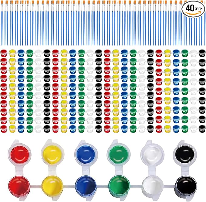 40 Pack 6 Colors Mini Acrylic Paint and Brushes Set for Kids Party Favor, Individual Paints Strips Sets with Brush for Kid, Student Painting Kit for Canvas