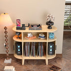 Large Round Record Player Stand with Charging Station & USB Ports，Record Storage Cabinet, Mid Century Modern Turntable Stand for Bedroom Living Room (Small Oak)