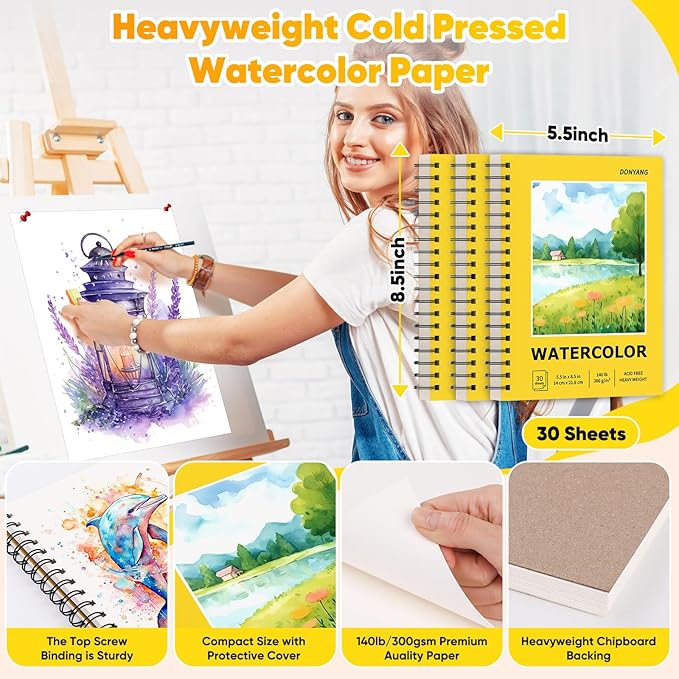Watercolor Paper Pad, 5.5" x 8.5" Spiral Bound Art Sketch Book, Pack of 3 (90 Sheets),(140lb/300g) Artist Water Color Drawing Paper for Adults, Art Supplies for Teens, Mixed Media Markers Journal