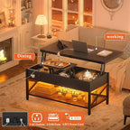 Aheaplus Coffee Table Lift Top Multi-Function Coffee Table Converts to Dining Table, with LED Light and Power Outlet, Center Table with Shelves for Living Room Reception Home Office, Black