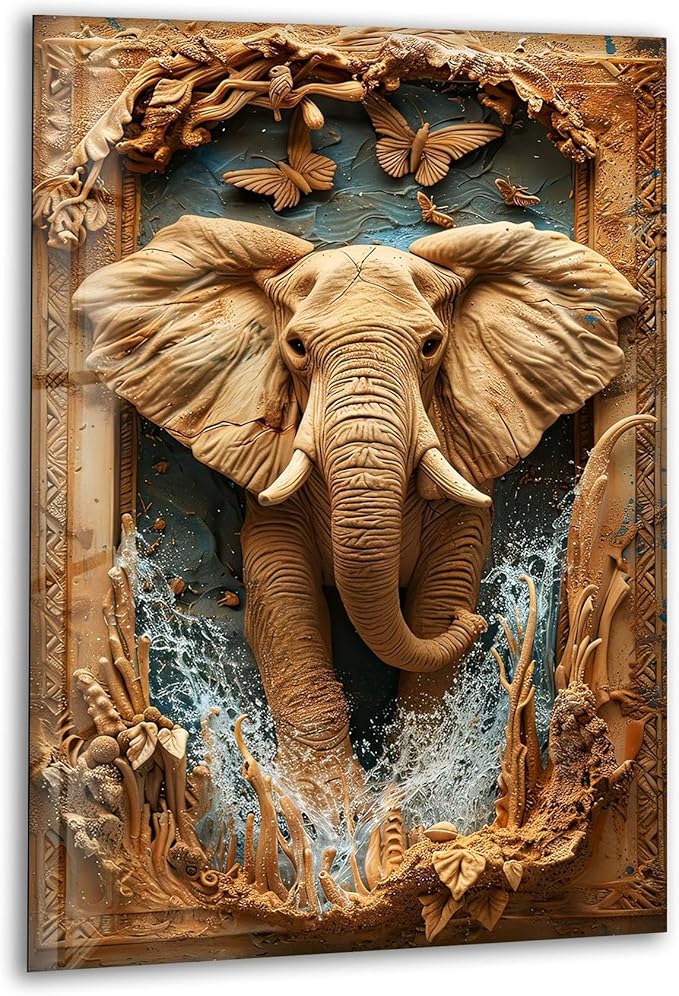 My Photostation.com 40WX60H'' Elephant Carving Glass Wall Art Tempered Glass Printing Wall Decor Large Wall Art Wall Hangings