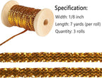 Gold Thin Ribbon 1/8 inch Metallic Braided Double Faced Ribbons Curling Ribbons for Balloon String Crafts Gift Wrapping Party Wedding Christmas Ornaments Decoration 7 Yard x 3 Rolls