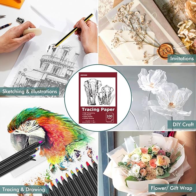Tracing Paper 9x12 inch, 100 Sheets Transparent Vellum Paper for Tracing Pads, Translucent Tracing Paper for Pencil, Marker and Ink - Trace Images, Sketch, Preliminary Drawing, Overlays, Red
