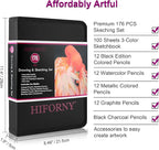 HIFORNY 176 PCS Art Supplies Drawing Set Sketching Kit with 100 Sheets 3-Color Sketchbook,Graphite Colored Charcoal Watercolor & Metallic Pencils,Blending Tools and More, for Beginner Artists