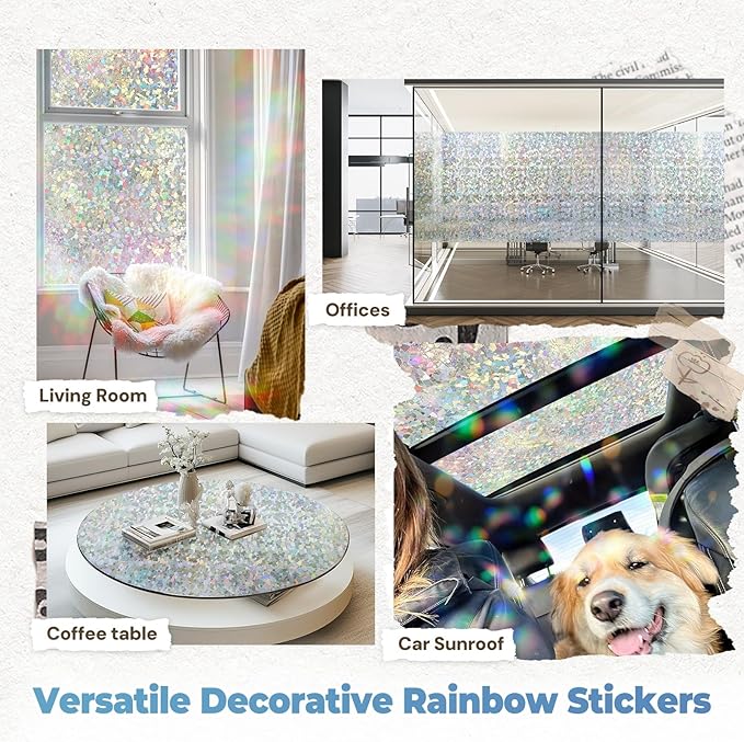 DOWELL Window Privacy Film Rainbow Film, Stained Glass Decorative Sticker, Static Cling Non-Adhesive Glass Clings, Sun Blocking Heat Control Window Coverings for Home Door, 23.6" x 78.7"