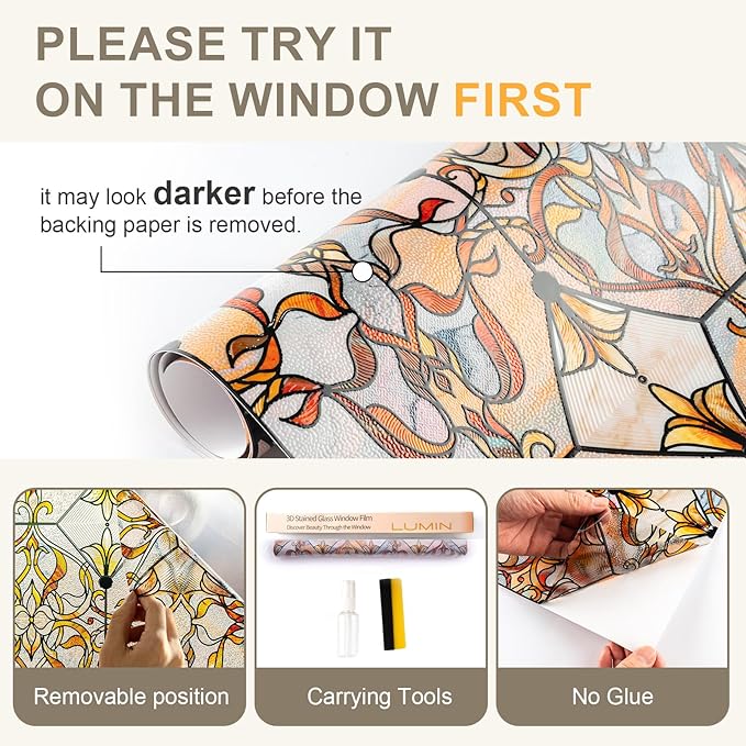 3D Stained Glass Window Privacy Film, Heat Control UV Blocking Static Cling Decorative Window Film for Bathroom,Front Door,Home Non Adhesive 16.9 x 39.3 inches Golden Filigree