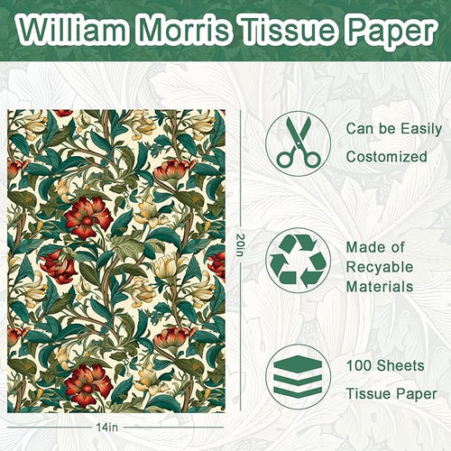 100 Sheet William Morris Tissue Paper, 20x14 inch Vintage Blue Green Floral Printed Wrapping Paper Seamless Print Botanical Flower Tissue Paper for Birthday Wedding Bridal Shower Tea Party DIY Craft