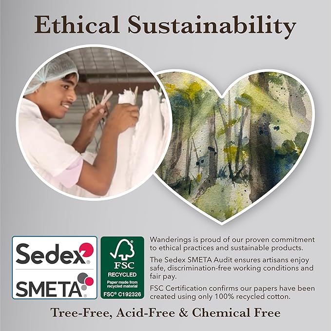 Wanderings Thick Handmade Watercolor Paper with Deckled Edge - 8x8-500GSM Premium Ivory Cold-Pressed Textured Mixed Media Paper Made with Recycled Cotton - 15 Loose Leaf Sheets