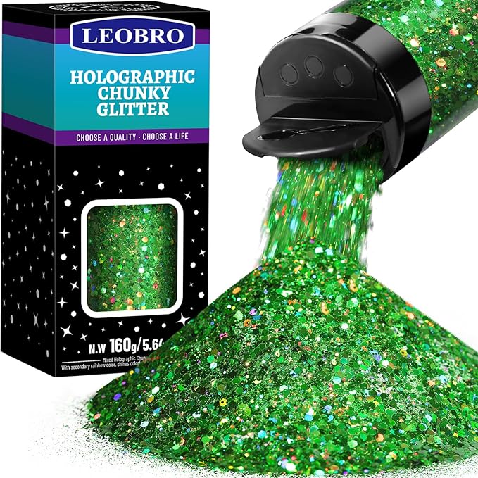 LEOBRO Green Glitter, 160g/5.64oz Holographic Chunky Glitter for Crafts, Resin, Nail Body, Tumblers, Party Decorations