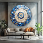 My Photostation.com 39,4''(100cm) Diameter Coastal Sunburst Beige & Blue Round Glass Wall Art Tempered Glass Printing Wall Decor Large Wall Art Wall Hangings