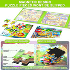 Magnetic Puzzles for Kids Ages 4-8, 3 in 1 Cartoon Jigsaw Puzzle Book, Toddlers Travel Puzzles Toys, Preschool Learning Toy for Children 3-8 Year (Green Zoo)
