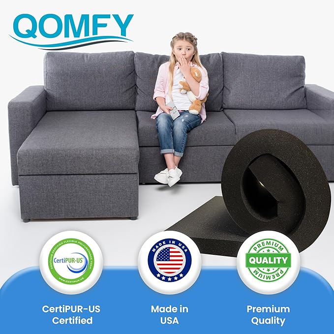 QOMFY 3" Height x 18" Width x 42" Length Charcoal Upholstery Foam Sheet | Made in USA | Multi-Purpose Foam for Upholstery, DIY, Packaging & Acoustic Projects