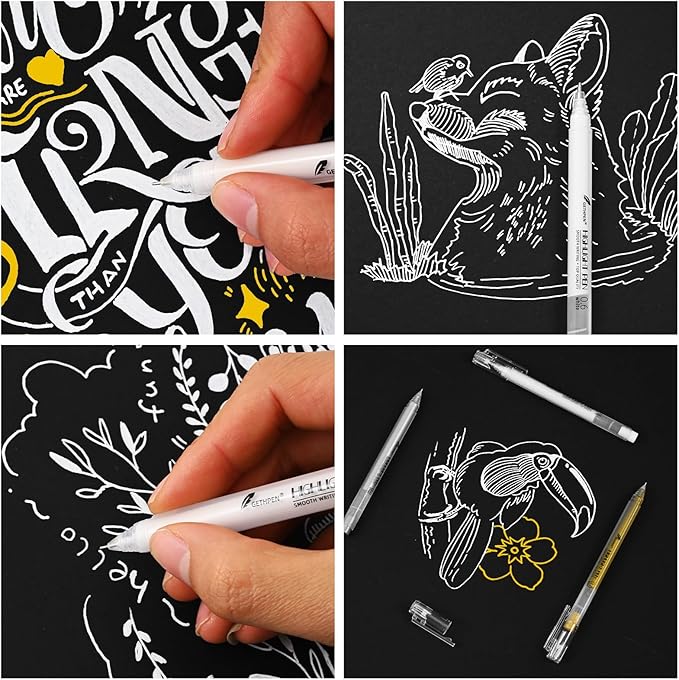 White Gold and Silver Gel Pen Set, 0.6mm Extra Fine Point Pens Gel Ink Pens Opaque Archival Ink Pens for Black Paper Drawing,Sketching,Card Making, Illustration, Bullet Journaling, 6 Pack