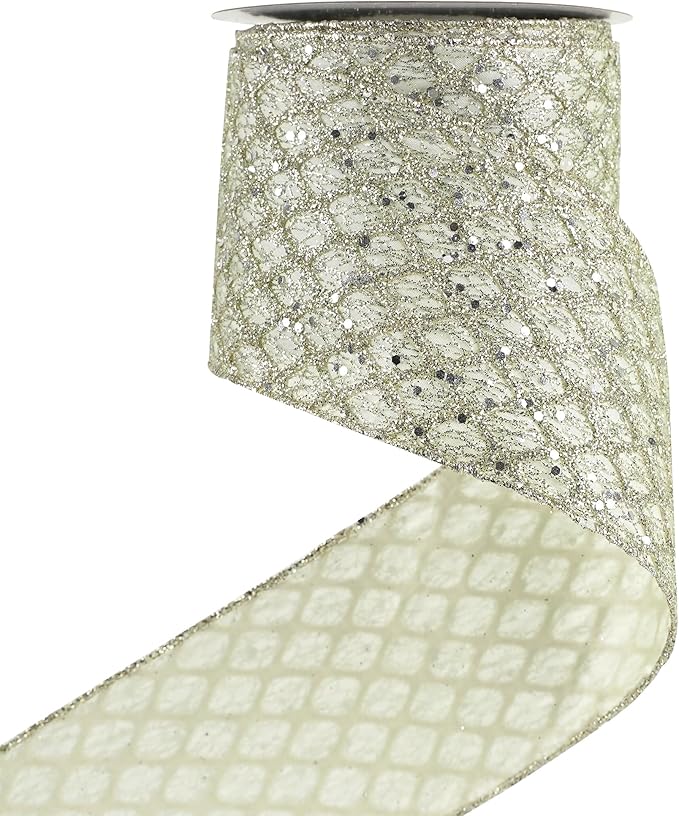 HUIHUANG Champagne Wired Ribbon 4 inch Glitter Christmas Tree Ribbon Diamond Mesh Wire Ribbon for X-mas Tree Decorations, Wreaths, Garland, Large Bows Making, Wedding Decor -10 Yards