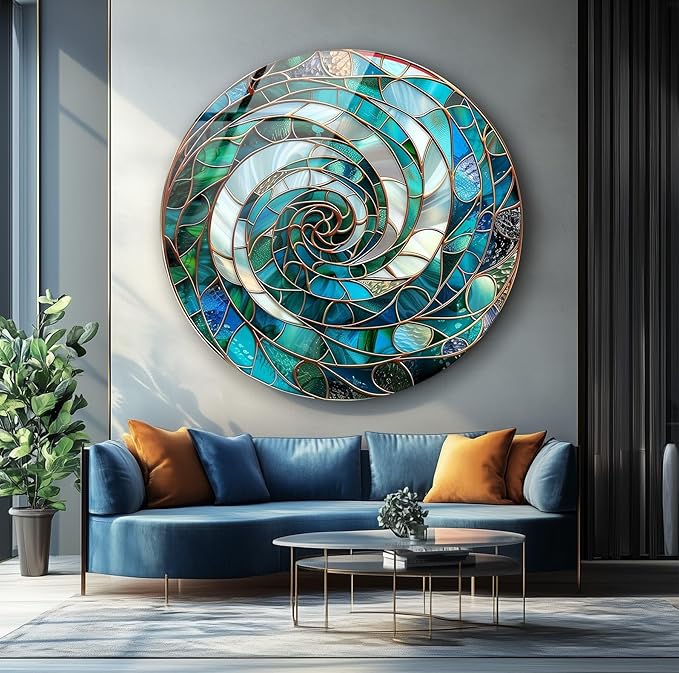 My Photostation.com 20''(50cm) Diameter Aqua Spiral Harmony Round Glass Wall Art Tempered Glass Printing Wall Decor Large Wall Art Wall Hangings