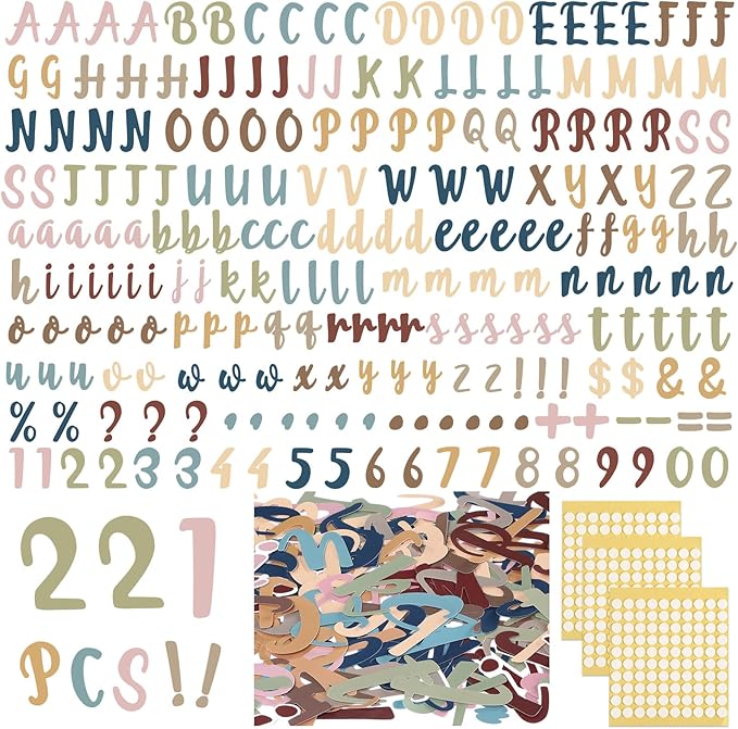 221 Pcs Bulletin Board Letters Round Alphabet Number Punctuation Symbol Combo Letter Cutouts Classroom Decoration for School Classroom Chalkboard Poster Board(Boho Italic)