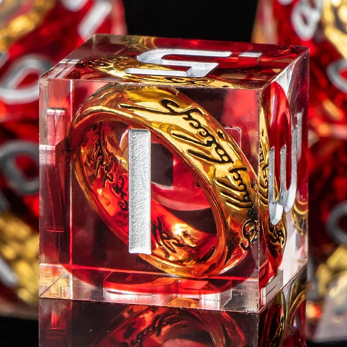 OUKELANWO Magic Lord Rings DND Dice Set with Box, 7Pcs Resin LOTR D&D Dice Set for Role Playing Game, Red Dungeons Dragons D and D Sharp Edge Dice D20 D12 D10 D8 D6 D4