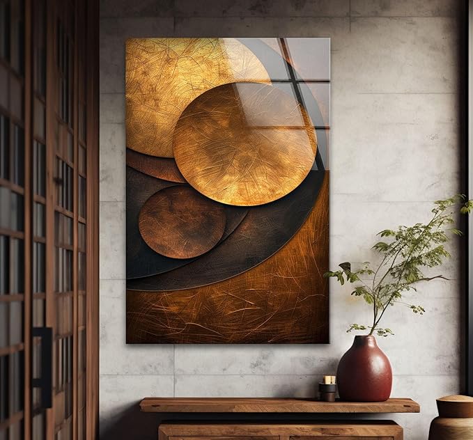 My Photostation.com 30Wx35.5H'' Bronze Art Deco Geometric Motifs Glass Wall Art Tempered Glass Printing Wall Decor Large Wall Art Wall Hangings