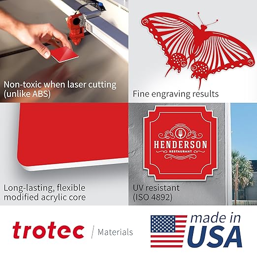 Trotec TroLase | 8"x12"x1/16", 10 Pcs | Red/White | 2 Ply | Modified Acrylic | Laser Engraving Double Color Plastic Sheet | Engraving Blanks for Laser, Saw, Guillotine | Made in USA