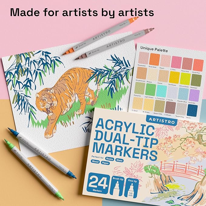 ARTISTRO 24 Pastel Dual Tip Brush + Fine Acrylic Paint Markers - Easy for All Ages & Levels Paint Pens for Fabric, Rock, Glass, DIY - Halloween Pumpkin Painting Kit, Art Supplies, Christmas Gift