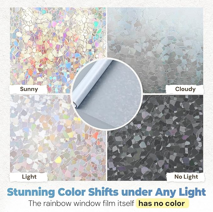 DOWELL Window Privacy Film Rainbow Film, Stained Glass Decorative Sticker, Static Cling Non-Adhesive Glass Clings, Sun Blocking Heat Control Window Coverings for Home Door, 17.5" x 118.1"