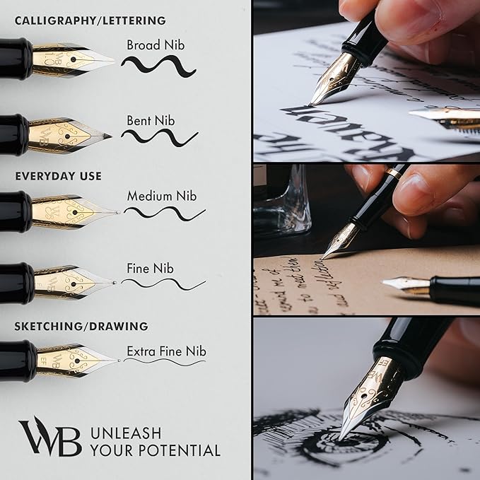 Wordsworth & Black Fountain Pen Set, 18K Gilded Fine Nib, Includes 24 Pack Ink Cartridges, Ink Refill Converter & Gift Box, Gold Finish, Calligraphy, [Black Gold], Perfect for Men & Women