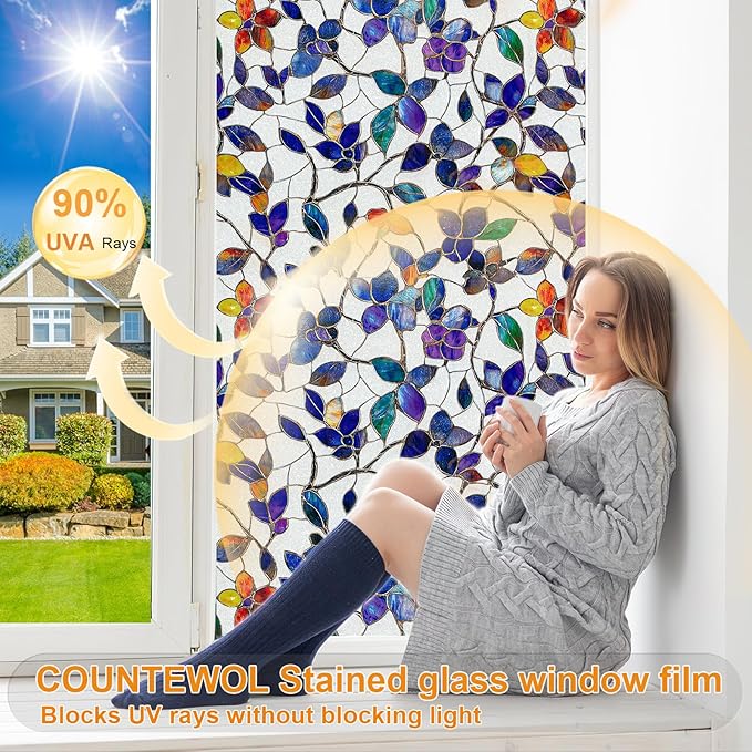 Window Privacy Film Stain Glass Window Film Rainbow Window Film Window clings Non-Adhesive Reusable Decorative for Room (Frosted Stained Leaf, 17.5 x 78.7 in)