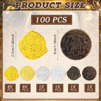 Hanaive 100 Pcs Pirate Coins Plastic Coins Kids Fake Play Coins Replica Spanish Doubloons St. Patrick's Coin for Pirate Party Treasure Chest Board Games Tokens Toys Cosplay (Gold, Silver, Bronze)