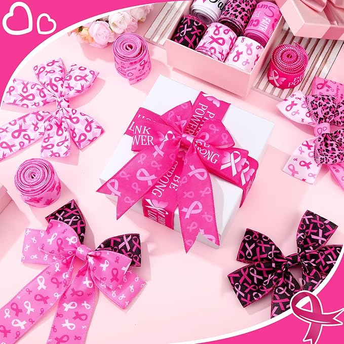 12 Rolls 60 Yards Breast Cancer Awareness Wired Edge Ribbon Pink Butterfly Patterned Ribbon Faith Hope Love Bow Making Craft Wrapping for Women Gift Wrapping Activities Home Accessories Decor