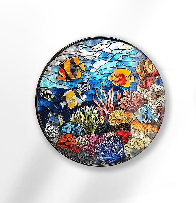 My Photostation.com 10''(25cm) Diameter Coral Reef Mosaic Round Glass Wall Art Tempered Glass Printing Wall Decor Large Wall Art Wall Hangings