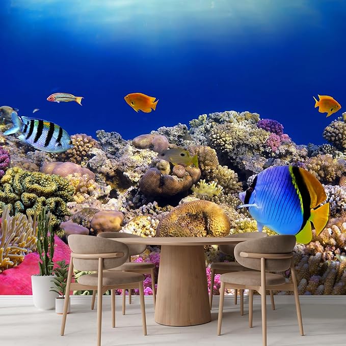 wall26 Wall Sticker/Wall Mural Tropical Blue Fish Coral Reef Ocean Seascape Nature Wilderness, Not Peel and Stick, Non-Woven Wallpaper Decorative for Bedroom, Living Room, Office - 96x120 inches
