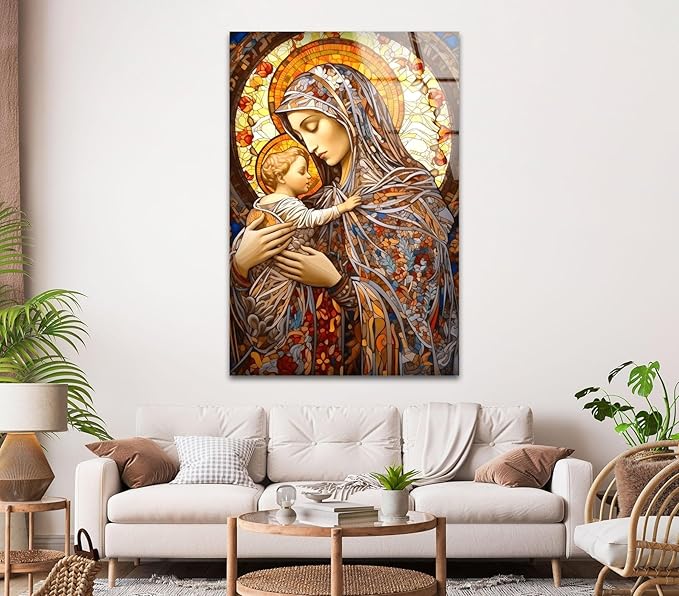 My Photostation.com 18Wx28H'' Jesus and Virgin Mary Glass Wall Art Tempered Glass Printing Wall Decor Large Wall Art Wall Hangings