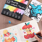12 Colors Acrylic Paint Markers, Waterproof Dual Tip Acrylic Paint Pens with Brush and Fine Tip, Markers Set for Paper, Rock, Wood, Canvas, Glass, Ceramic and DIY Crafts Making Art Supplies