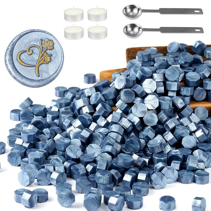 Yoption 360 Pcs Blue Sealing Wax Beads Set for Wax Seal Stamp with Candles and Melting Spoon