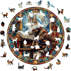 Wooden Puzzles Adults, Maine Cat Library Wooden Puzzles 200 Pieces, Unique Animal Shaped Wood Challenging Jigsaw Puzzles Gifts for Adults, 11.4x11.4in