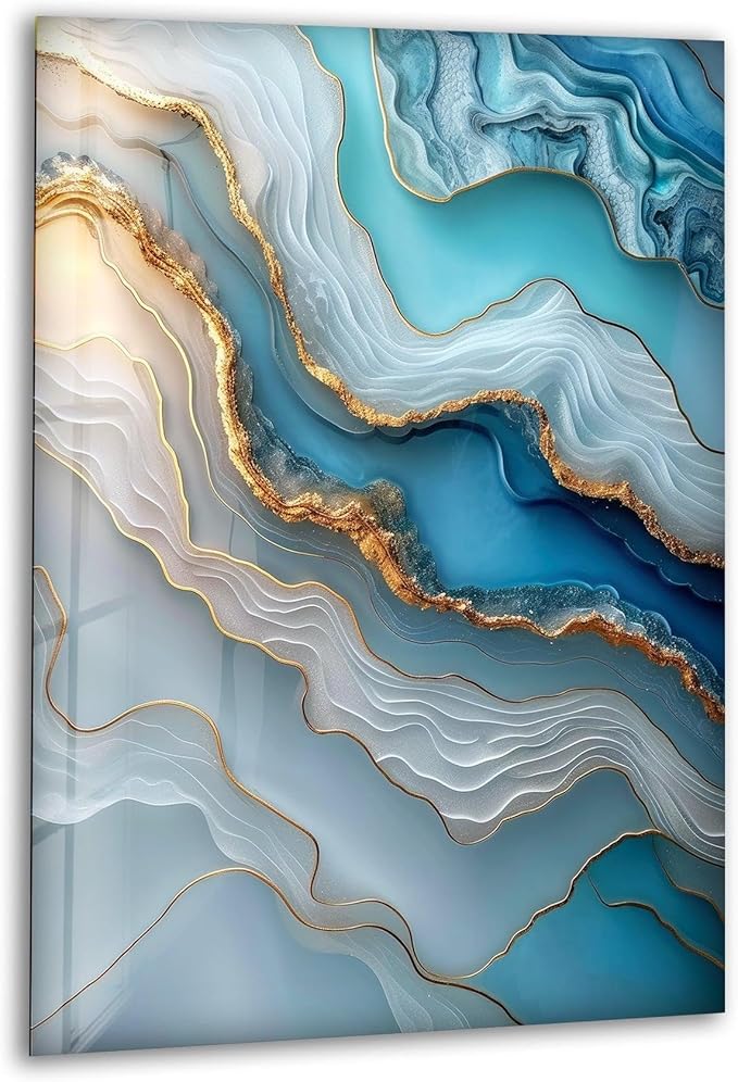 My Photostation.com Round 24'' Turquoise and Blue Alcohol ink Glass Wall Art Tempered Glass Printing Wall Decor Large Wall Art Wall Hangings
