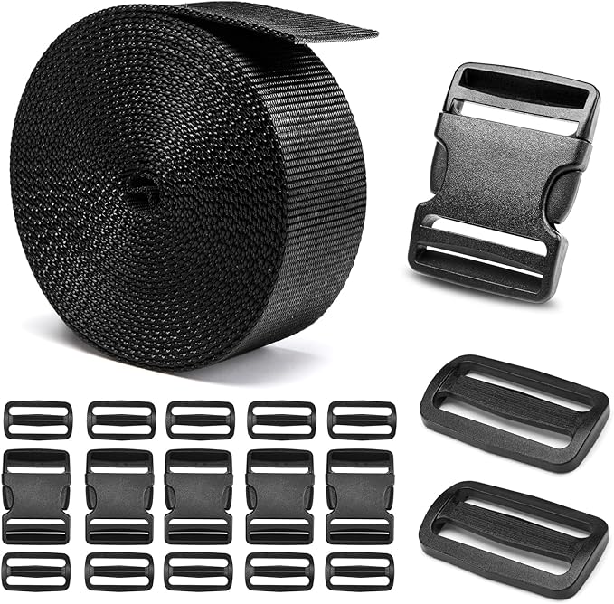 2" Heavy-Duty Buckle & Straps Set: 6-Pack Side Release Plastic Buckles, 6 Yards of Thick Nylon Webbing, 12 Tri-Glide Slide Clips, No Sewing Required (2" Combo Set)