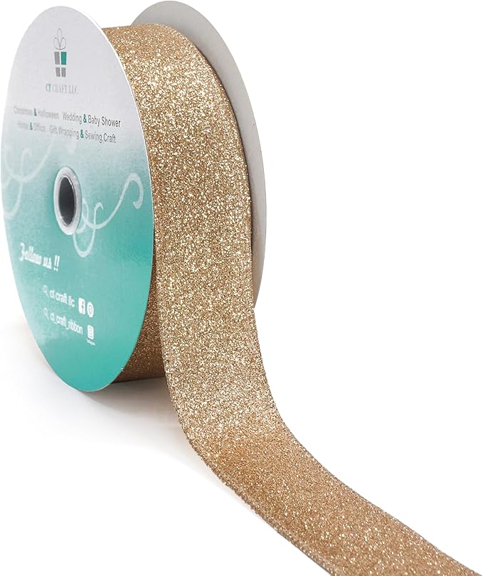 CT CRAFT LLC Glitter Wired Ribbon 1.5" x 20 Yards Gold (Champagne Gold) for Christmas Home Decor Bow Gift Wrapping DIY Crafts Wreath