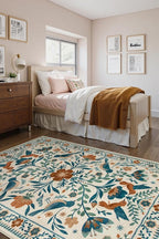 Morebes Washable Floral 8x10 Area Rugs for Living Room, Soft Insect Rug for Bedroom Non Slip, Ultra-Thin Distressed Birds Indoor Floor Throw Carpet for Classroom Playroom Farmhouse, Beige/Multi