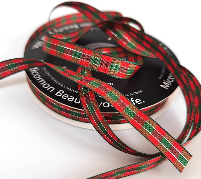 Micomon X'Mas Gingham Ribbon Green Red Metallic Gingham Ribbon 25 Yards Each Roll 100% Polyester (3/8",RedGreenGold)
