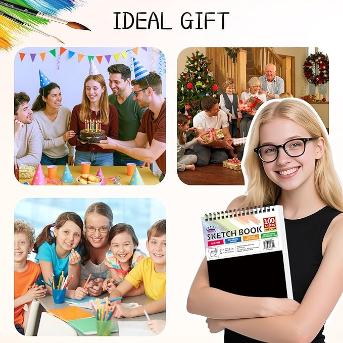 WINNER 9" x 12" Sketch Book 4 Pack, 400 Sheets Spiral Bound Art Sketchbook, 68lb/100gsm White Acid Free Drawing Pad, Painting Drawing Writing Sketch Pad, Art Supplies for School, Kids, Adults &Teens